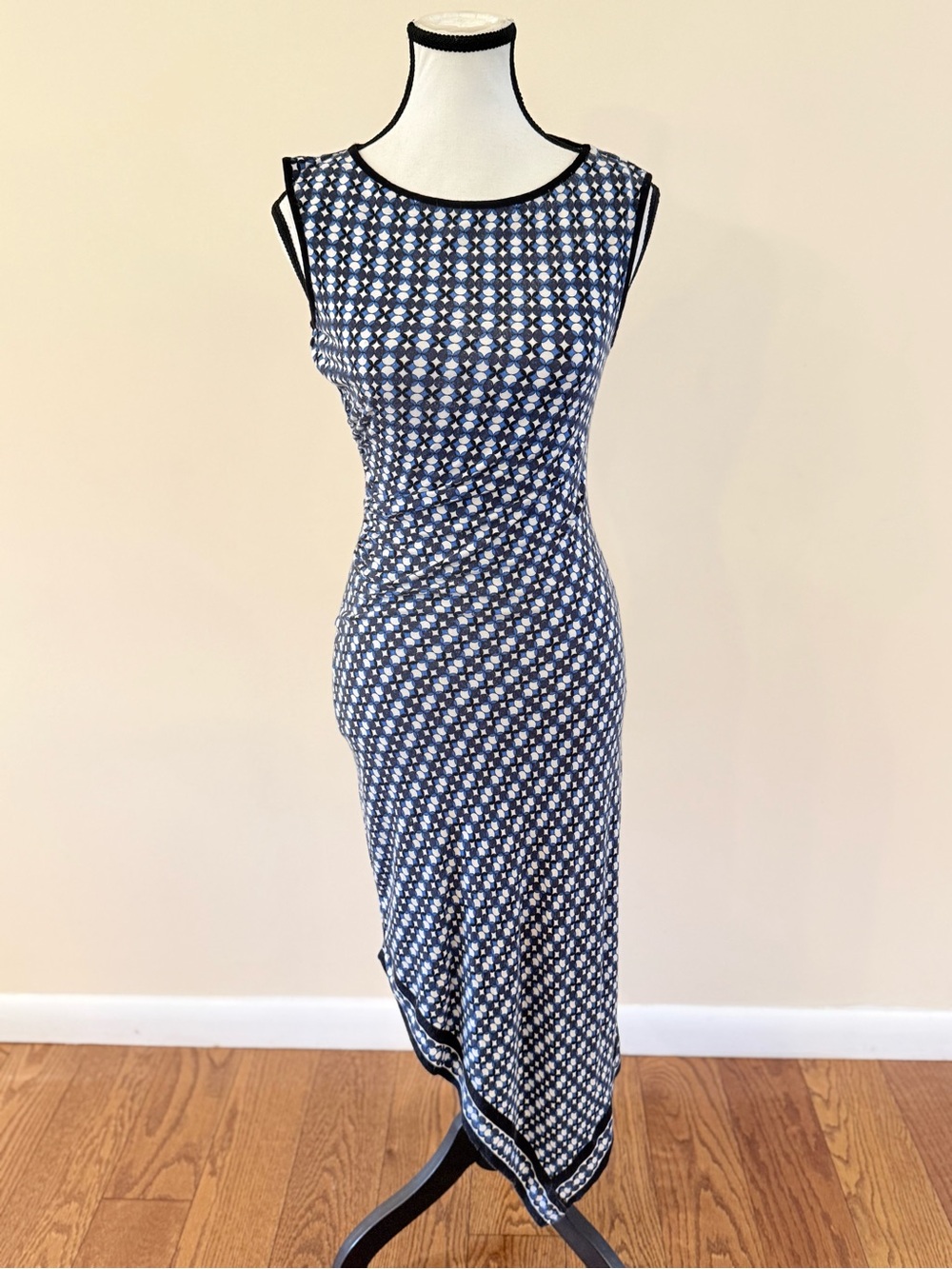 Max Studio Navy and White Geometric Sleeveless Midi Dress